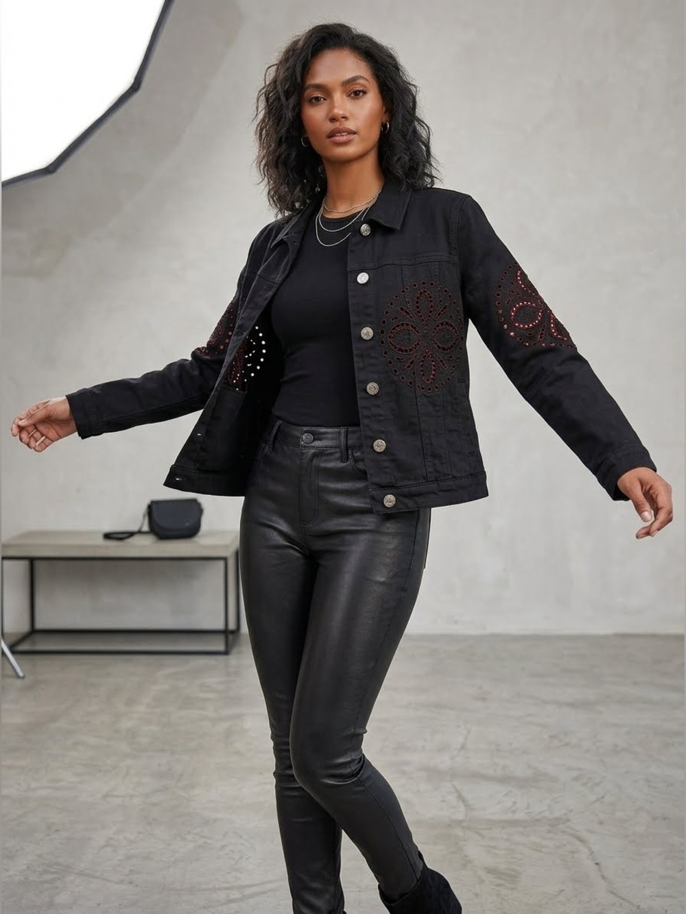 JustFab Black Denim Jacket Embroidered Eyelet Cutout Jean Trucker Jacket L